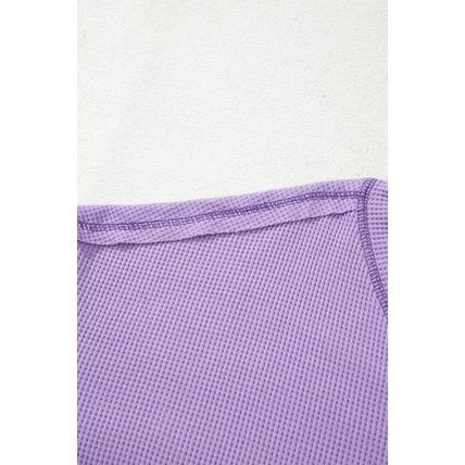 Purple Exposed Seam Half Sleeve Knitted V Neck Textured Top