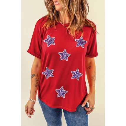 Red July 4th Fashion Sequin Star Graphic T Shirt