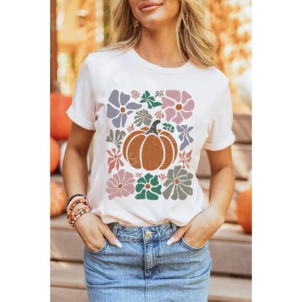 White Flower Pumpkin Distressed Graphic T Shirt