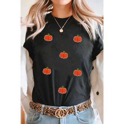 Black Chenille Pumpkin Patched Casual Cotton Blend T Shirt