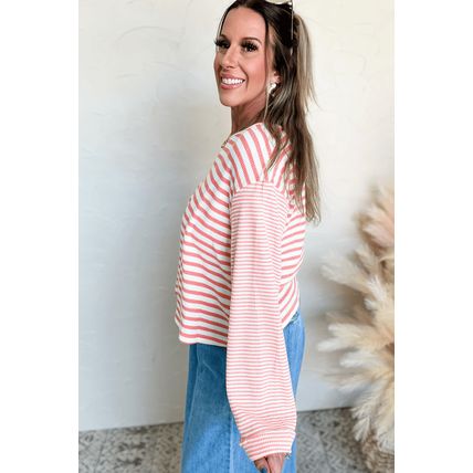 Pink Stripe Textured Contrast Dropped Long Sleeve Top