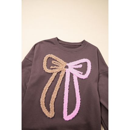 Dark Khaki Contrast Terry Bow Pattern Drop Shoulder Sweatshirt