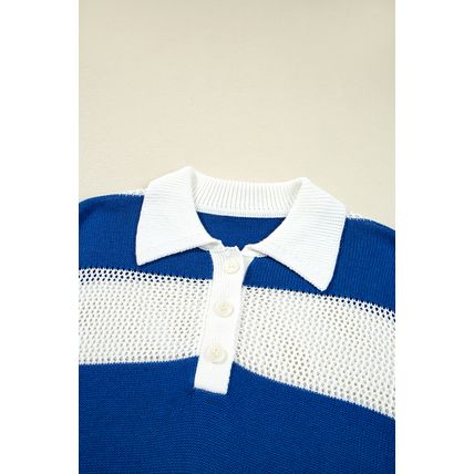 Blue Stripe Colorblock Polo Collar Eyelet Crochet Knitted Sweater