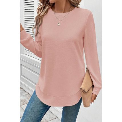 Gossamer Pink Rounded Hem Waffle Long Sleeve Top