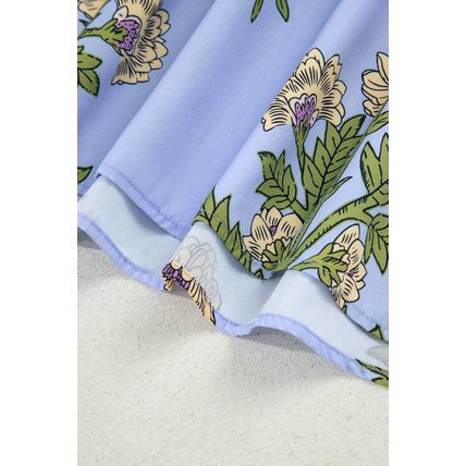 Sky Blue Floral Print Button Tie Neck Long Puff Sleeve Blouse