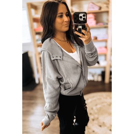 Gray Waffle Splicing Zip Up Front Button Hooded Jacket