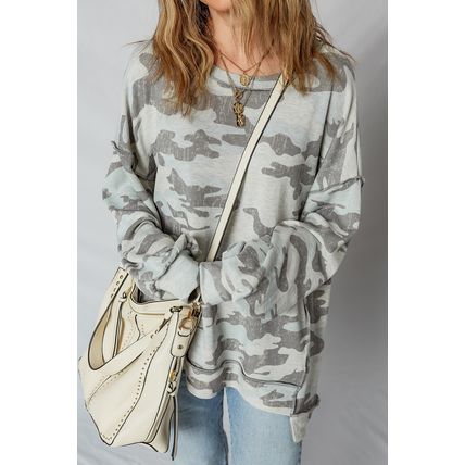 Multicolour Retro Camouflage Print Exposed Seam Patchwork Drop Shoulder Sweatshi