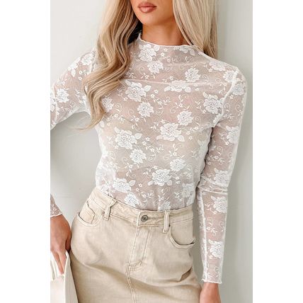 White Sheer Floral Lace Mesh Mock Neck Long Sleeve Top
