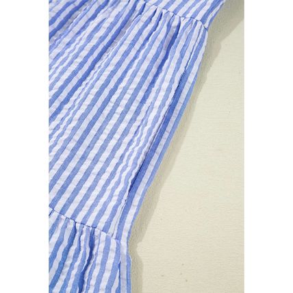 Sky Blue Stripe Bracelet Sleeve Tiered Shift Dress with Pockets