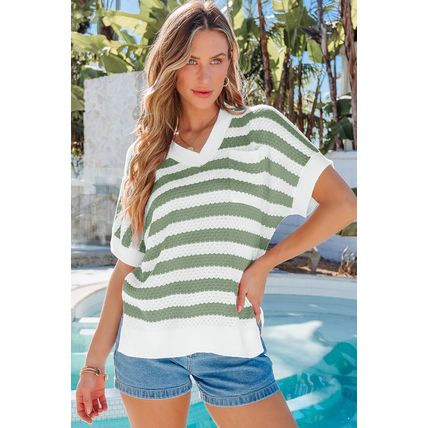 Green Stripe V Neck Short Sleeve Sweater with Side Slits