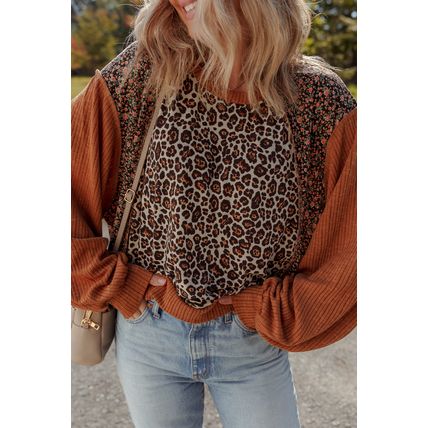 Brown Leopard Floral Print Ribbed Puff Sleeve Patchwork Loose Pullover