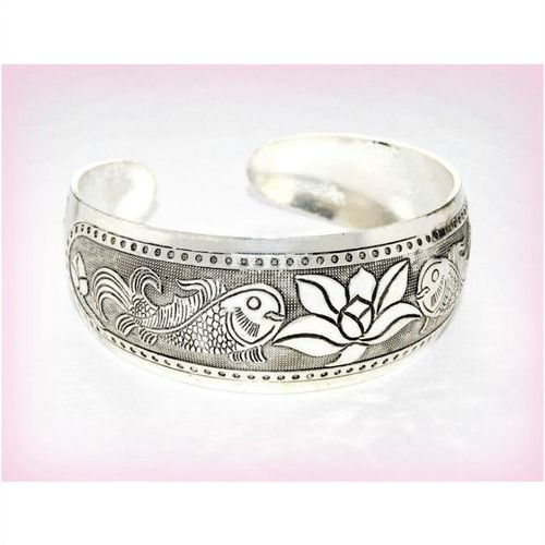 Tibetan Silver Hill Tribe Floral Carved Relief Bracelet Bangle Jewellery 2138