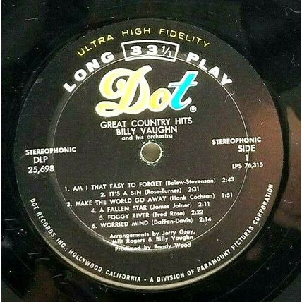 1966 Billy Vaughn Great Country Hits LP Vinyl Record Album (P2)