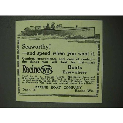 1918 Racine Boats Ad - Seaworthy and Speed
