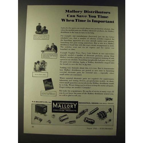 1943 Mallory Electronic Products Ad - Mallory distributors can save you time
