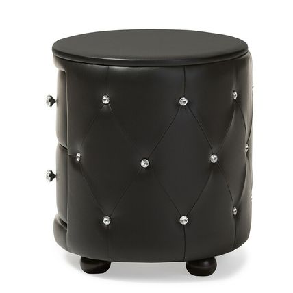 Oval Faux Leather Nightstand 2-Drawer Glamour White Black Crystal Tufted
