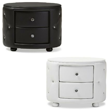 Oval Faux Leather Nightstand 2-Drawer Glamour White Black Crystal Tufted