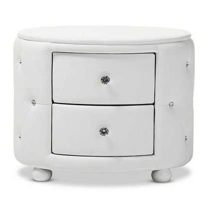 Oval Faux Leather Nightstand 2-Drawer Glamour White Black Crystal Tufted