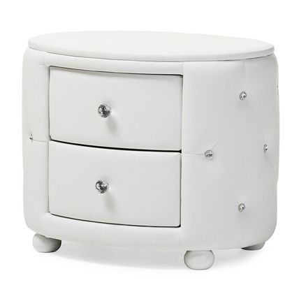 Oval Faux Leather Nightstand 2-Drawer Glamour White Black Crystal Tufted