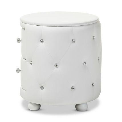 Oval Faux Leather Nightstand 2-Drawer Glamour White Black Crystal Tufted