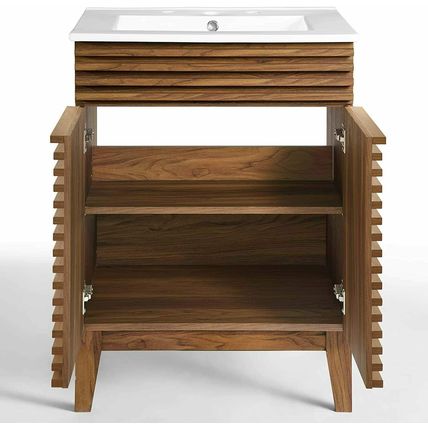 Mid-Century Modern Bathroom Vanity Walnut Grain Laminate Tapered Legs White Sink
