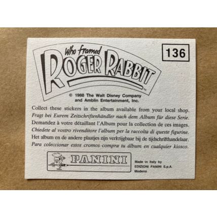 Who Framed Roger Rabbit Sticker # 136 (A) unused 1988 Panini Disney