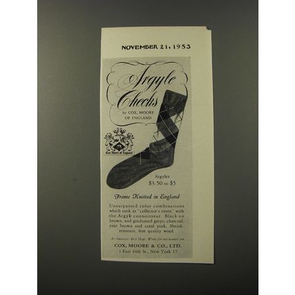 1953 Cox, Moore & Co. Argyle Checks Socks Ad - Frame knitted in England