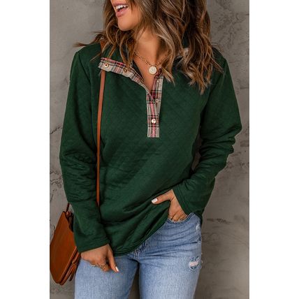 Green Geometric Texture Plaid Trim Sweatshirt