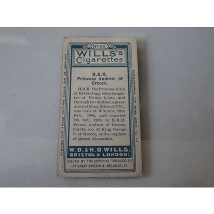 1908 Wills's Cigarettes Portraits of European Royalty Card # 88 Princess Andrew