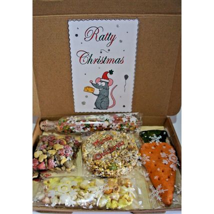 RAT TREAT CHRISTMAS GIFT BOX WITH XMAS CAKE POPCORN HONEY BAR CARROT & BISCUITS