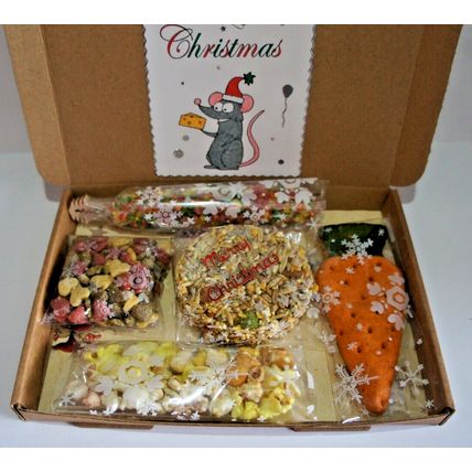 RAT TREAT CHRISTMAS GIFT BOX WITH XMAS CAKE POPCORN HONEY BAR CARROT & BISCUITS