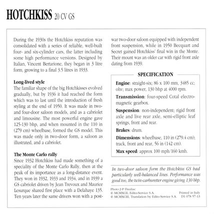 Collectors Club card. Classic Cars. Hotchkiss 20CV GS