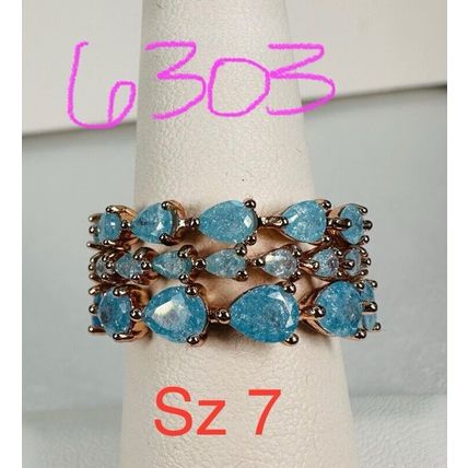 Bomb Party Ring Jewelry Sz7 3Pc Band Set Lot Bundle Blue Ice Crystal Rose Gold P