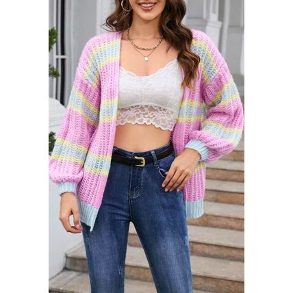 Pink Contrast Striped Open Front Cable Cardigan