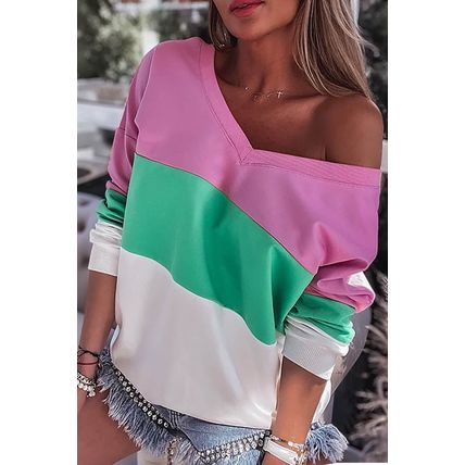 Pink Ribbed V Neck Color Block Patchwork Sweatshirt