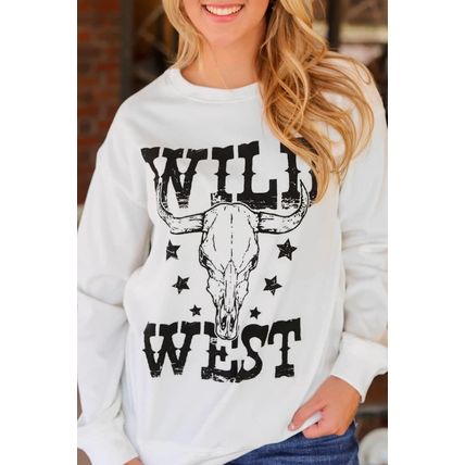 White WILD WEST Steer Skull Graphic Ribbed Sweatshirt