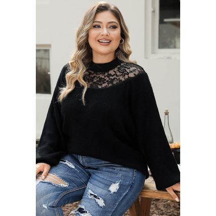 Black Plus Size Ribbed Knit Lace Splicing High Neck Sweater