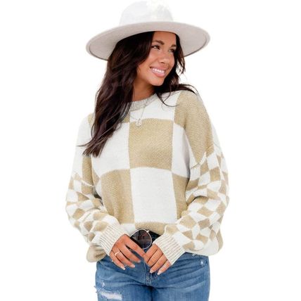 Flaxen Checkered Print Drop Shoulder Sweater