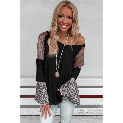 Black Sequin Patchwork Bell Sleeve V Neck Tunic Top