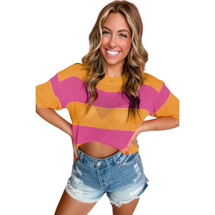 Orange Stripe Color Block Knitted T-shirt Sweater