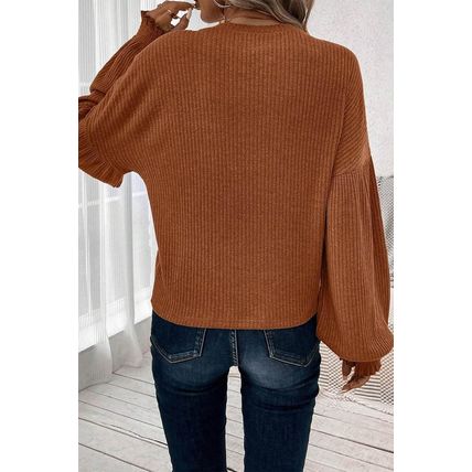Chestnut Ribbed Knit Drop Shoulder Ruffled Sleeve Textured Top