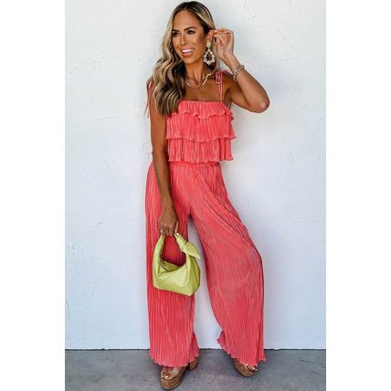 Pale Chestnut Ruffle Tiered Cami Pleated Wide Leg Pants Set
