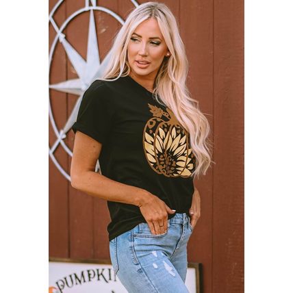 Black Halloween Sunflower Pumpkin Graphic Tee