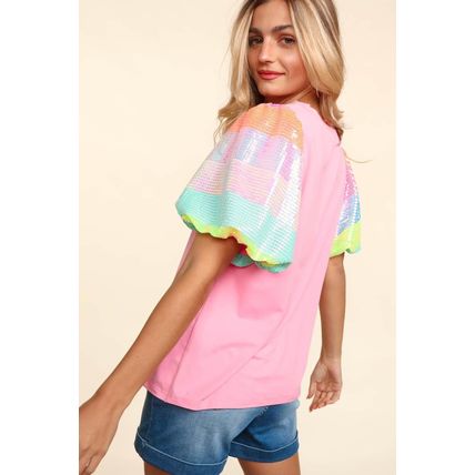 Pink Sequin Colorblock Striped Puff Sleeve Top