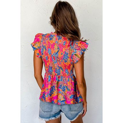 Rose Red Floral Print Smocked Ruffle Trim Flutter Sleeve Blouse