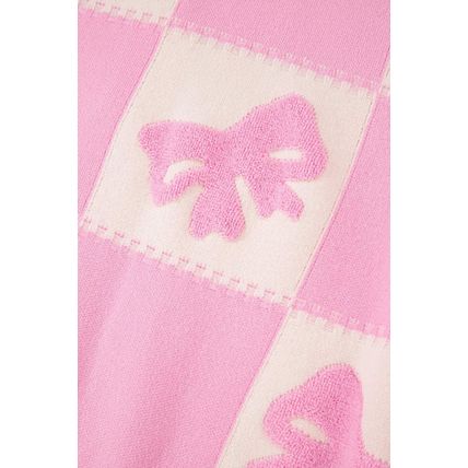Pink Bowknot Checkered Pattern V Neck Drop Shoulder Button Up Cardigan