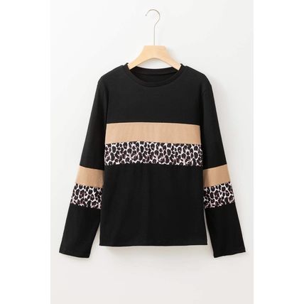 Khaki Leopard Colorblock Patchwork Crew Neck Long Sleeve Tee