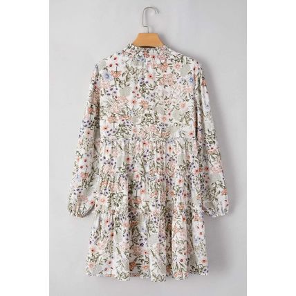 Green Floral Print Tiered Frilled Shirred Mock Neck Mini Dress