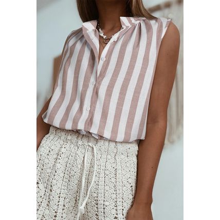 Khaki Stripe Casual Button Down Sleeveless Shirt
