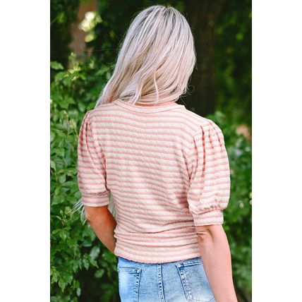 Pink Stripe Textured Puff Sleeve Crewneck Top